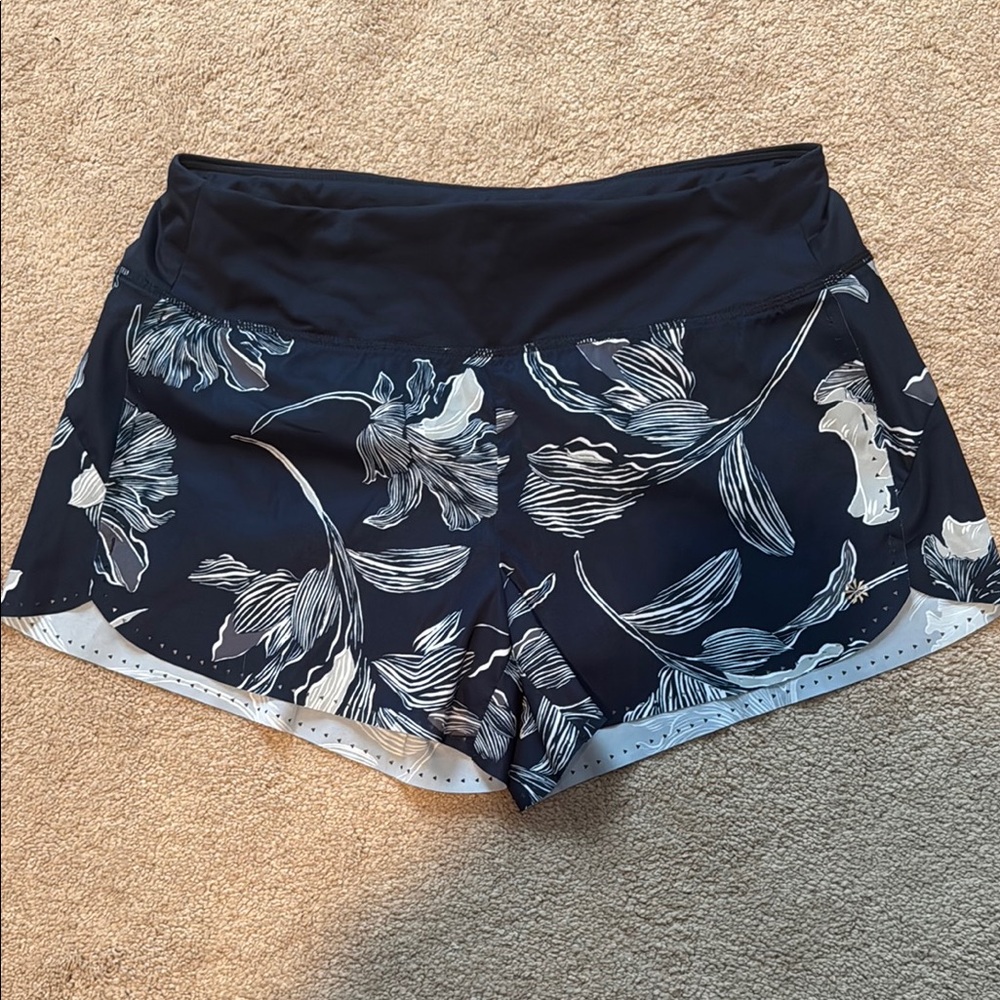 Athleta Blue and White Athletic Shorts Floral Design